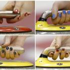 A combination photograph shows the painted nails of curlers while they deliver stones at the...