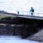 A cyclist crosses a narrow railway bridge at the Burkes inlet, between Dunedin and Port Chalmers....