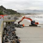 A digger (top) works to clear rocks from the bottom of the St Clair sea wall yesterday in search...