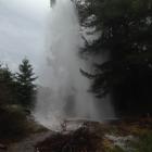 A geyser erupts after a water main burst in Bodkin Road. Photo by Alan Mccrostie