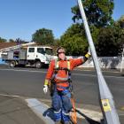A lamppost on the corner of Forbury Rd and Macandrew Rd is inspected by Delta line mechanic team...