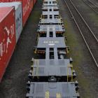 A row of new rail wagons, capable of carrying up to 72 tonnes of cargo, sits at the Dunedin...