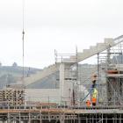 A staircase is lifted into place on the southern stand of the Forsyth Barr Stadium in Dunedin....