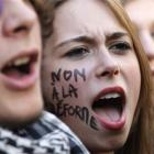 A student shouts slogans during a demonstration in Paris yesterday. (AP Photo/Francois Mori)