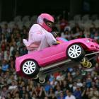 Aaron 'Crum' Sauvage flies high in a toy car last night.
