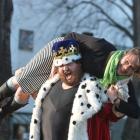 Actor Wilbur McDougall (King Wilbur) executes the torture rack on producer Veronica Harwood...