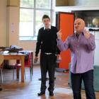 Actors (from left) Jon Pheloung, Jake Metzger and Phil Vaughan rehearse for the Fortune Theatre's...