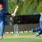 Afghanistan's Hamid Hassan (left) celebrates while Shapoor Zadran sets off on a victory dash...