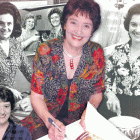 Alison Holst  (clockwise from centre) signing a book in 2006; wearing a plaid shirt, 1988; with...