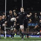 All Blacks players perform the Haka before their Rugby World Cup semi-final match against...
