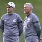 All Whites goalkeeping coach Clint Gosling (left) and head coach Ricki Herbert talk tactics...