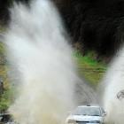Andrew Graves and Jared Leebody exit a deep ford on Saturday's Gore Rally. Photo by Gregor...