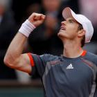 Andy Murray of Britain reacts after winning his match against Richard Gasquet of France at the...