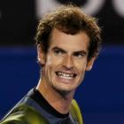 Andy Murray of Britain reacts during his men's singles semi-final match against Roger Federer of...