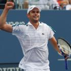Andy Roddick of the US celebrates his win over Julien Benneteau of France during their match at...
