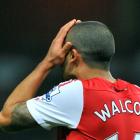 Arsenal's Theo Walcott reacts after missing a goal-scoring opportunity against Newcastle United...