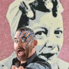 Artist Stanley Manthyng  at home in Dunedin yesterday with  Coronation Street character Hilda...