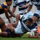 Auckland's George Moala is caught by the Bay of Plenty defence. Photo Getty