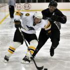 Australia's Brian Bales (left) comes in for some attention from New Zealand's Bert Haines  during...