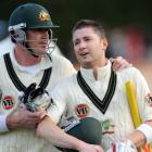 Australia's Marcus North (left) and Michael Clarke celebrate at the end of play against New...