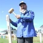 Averill Jamison practises "staking a claim" at the Oamaru racecourse this week. Photo by Sally Rae.