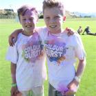 Axel Ruski-Jones (11), left, and Max Simpson (10), both of Queenstown, happy at the finish.
