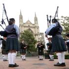 Bagpipers play in the upper Octagon at the start of the Dunedin Heritage Festival on March 20....