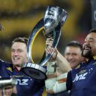 Ben Smith and Nasi Manu of the Highlanders celebrate winning the Super Rugby Title between the...