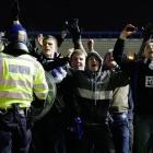 Birmingham City fans confront Aston Villa fans and the police after winning their English League...