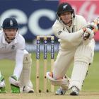 BJ Watling in action during the first test, watched by England wicketkeeper Jos Buttler. Photo:...