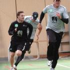 Black Caps Brendon McCullum (left) and Jacob Oram in full flight at indoor training in Dunedin...
