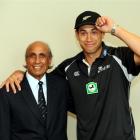 Black Caps captain Ross Taylor (right) doffs his cap to Billy Ibadulla after the test cap...