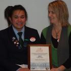 Blue Mountain College pupil Maeva-Rua Kopa (left) with Jane Stuart, of Kidz Way, at the awards on...