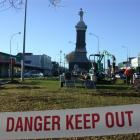 Contractors put up a fence around the Boer War monument in Oamaru in preparation to dismantle and...