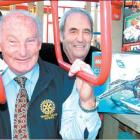Bringing the Lego Olympics to town: Rotary Club of Timaru South member Stuart Croft (left) and...