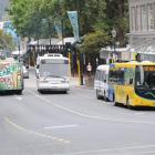 Buses on Princes St, Dunedin. Photo by Stephen Jaquiery.