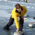Cambrian curler Sue Ingram eyes up the options on the Idaburn Dam yesterday during the Wilson Cup...