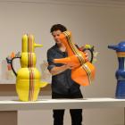 Ceramist Paul Maseyk installs Big Yellow, Big Orange and Big Blue in the Dunedin Public Art...