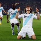 Chelsea's David Luiz (R) celebrates scoring against FC Basel during their Europa League semi...