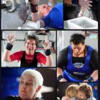 Clockwise from left: Becky Soffe (Otago) lifts a New Zealand record, chalk on hands, Taari Murray...