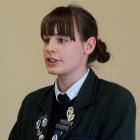 Columba College pupil Georgina Martin speaks out in support of Enviroschools. Photo by Craig Baxter.