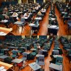 Columba College pupils run an earthquake drill after a three-hour school exam yesterday. Photo by...