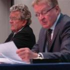 Commissioners Roger Tasker and John Lumsden, during the stadium plan change hearings at the...