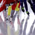 Competitors speed during the women's mass start at the Speed Skating World Cup in Berlin. Photos...