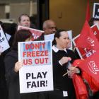 Court staff continue their rolling stop works for a pay increase outside the District Court,...