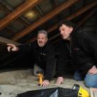 Craig Scoullar and Bruce Ritchie inspect old insulation in the ceiling space of a Halfway Bush...