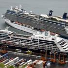 Cruise liners Azamara Quest  (foreground) and Celebrity Solstice docked in Port Chalmers...