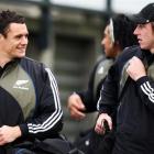 Dan Carter and Jimmy Cowan arrive for an All Black training session at Rugby League Park in...