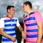 Dan Carter and Israel Dagg show off the training strips they designed during an All Black...