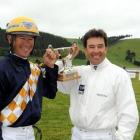 David (left) and Philip Butcher, of Cambridge, after winning the drivers' series at Oamaru...